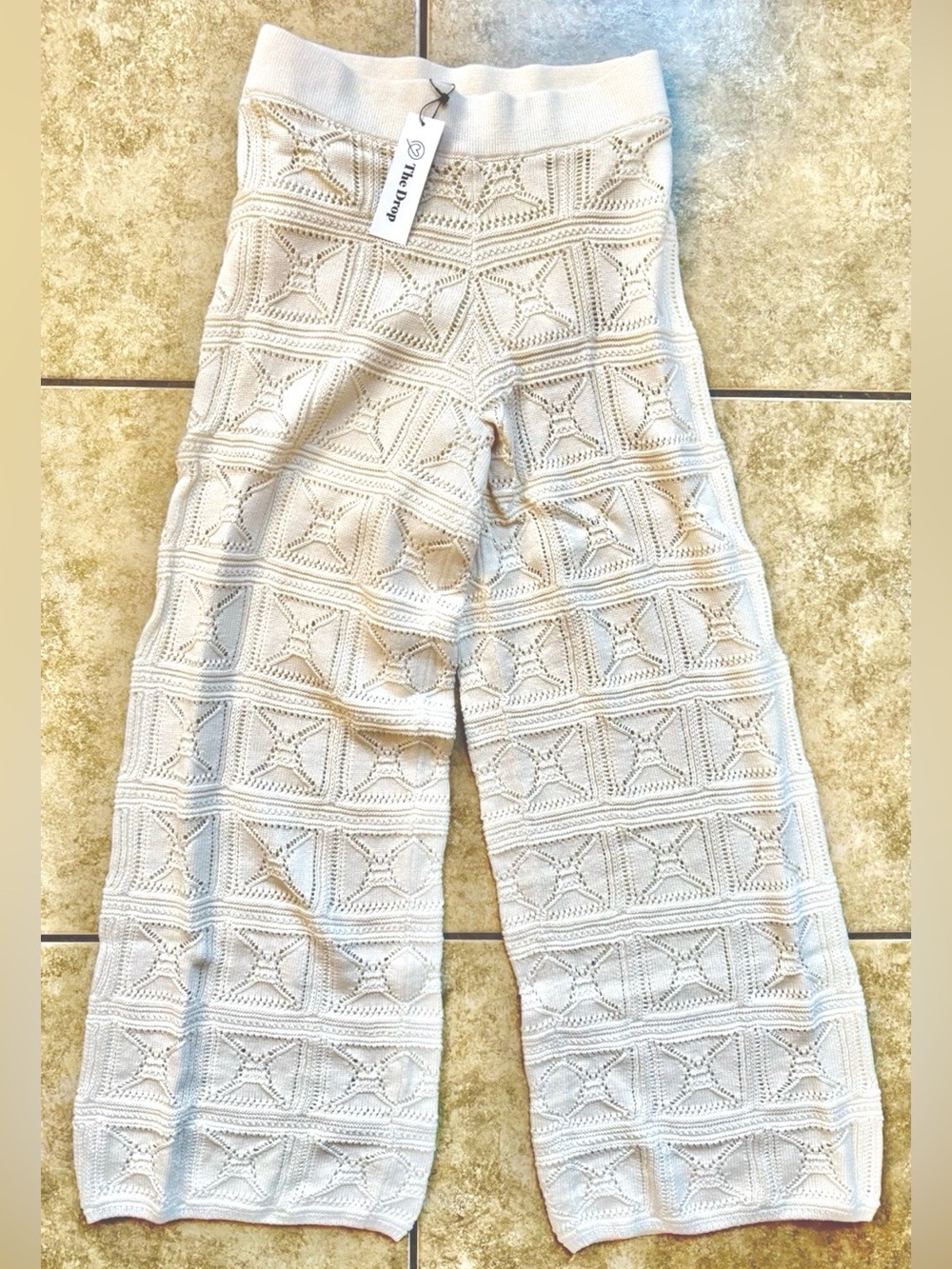 The Drop Diza Pull-On Flare-Leg Crochet Pants Birch Size Small New FAST SHIPPING